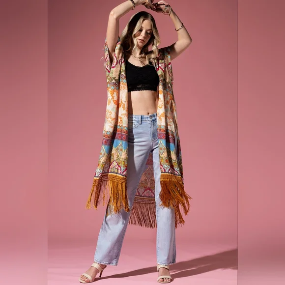 Detailed Floral & Demask Print Kimono on Jacquard Fabric w Golden Fringe Tassels - Picture 5 of 9